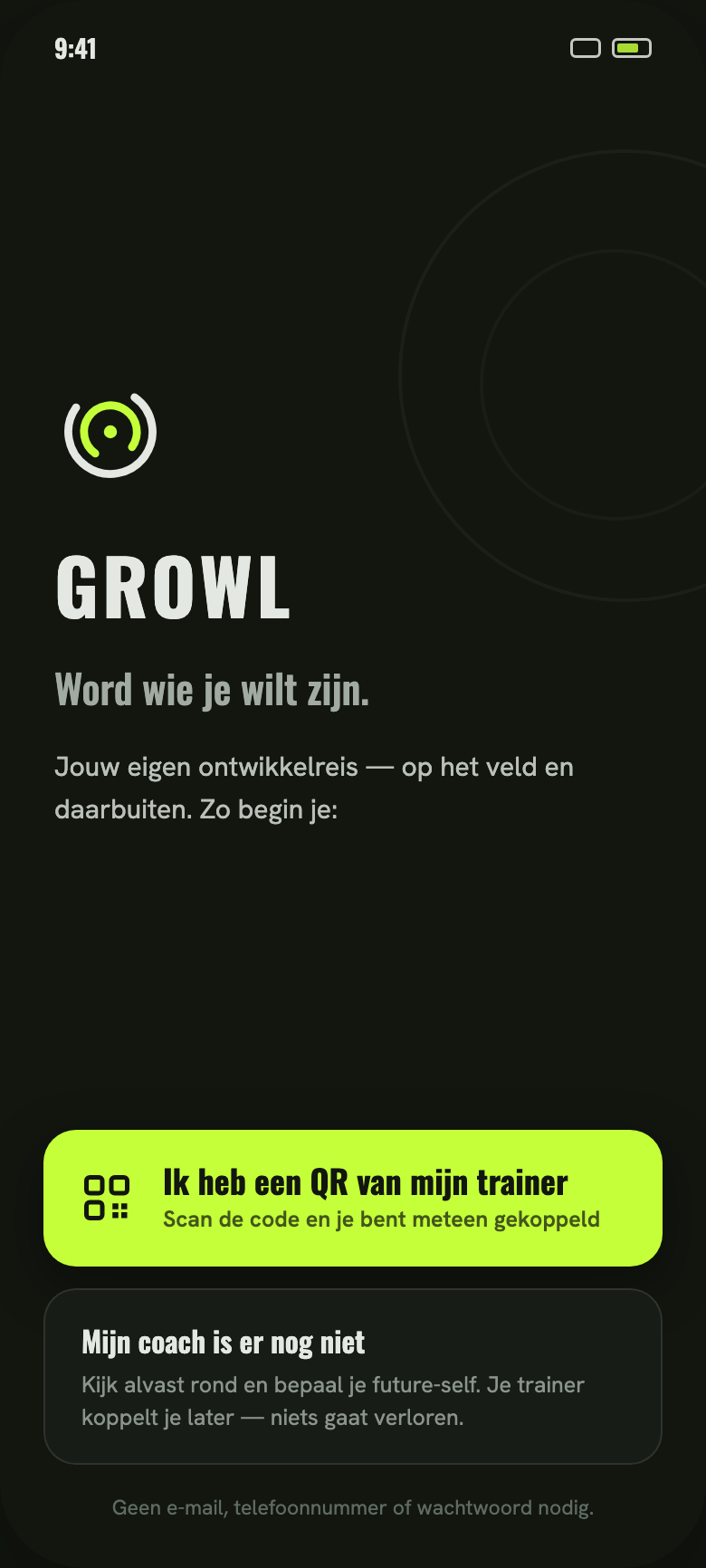 Growl onboarding — welkomstscherm waar de speler de QR-code van de coach scant