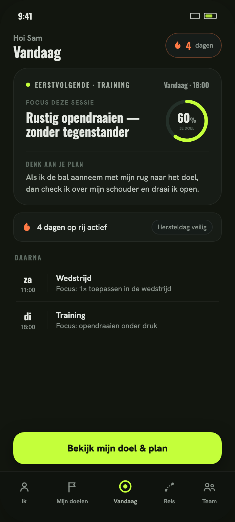 De Growl speler-app — het Vandaag-scherm met de focus voor de eerstvolgende training